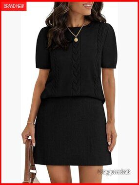 Medium Ribbed Knit Sweater Skirt Set, Puff Sleeve Crewneck Top, Pleated Mini